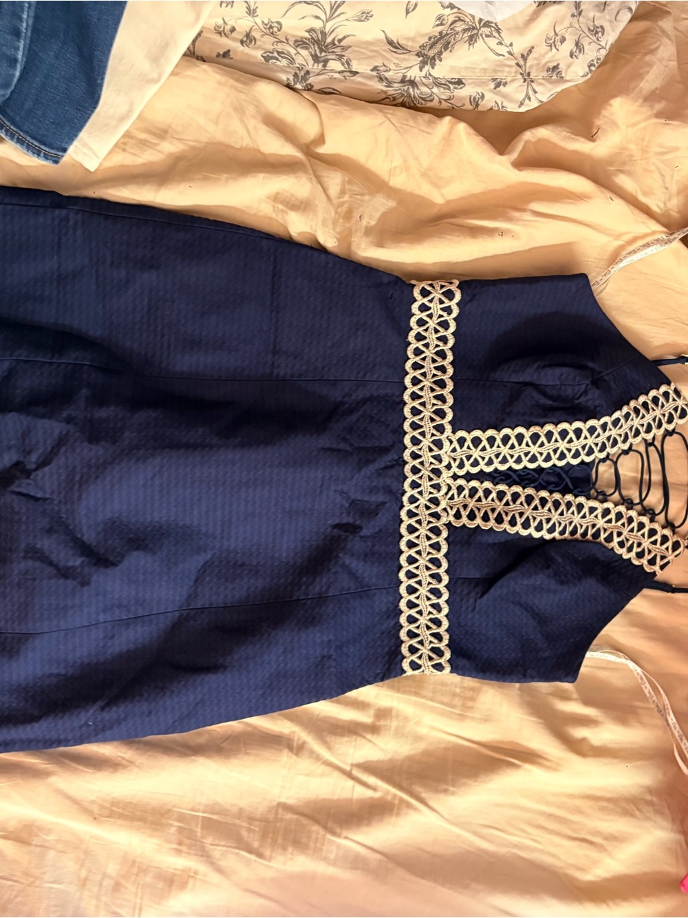 Lulu's Navy Blue Dress with Cream Lace Trim